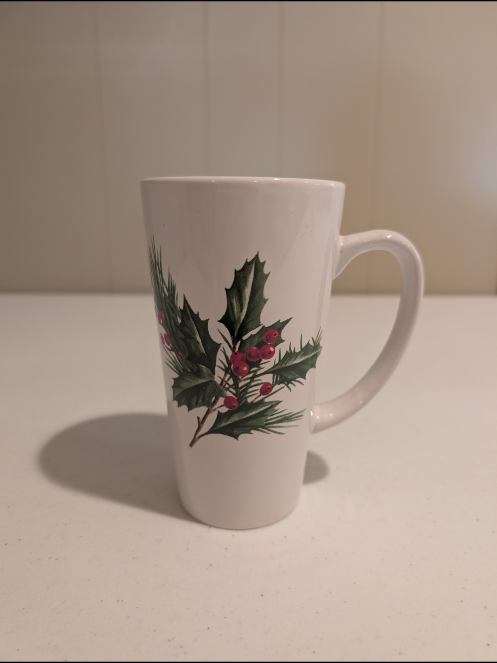 White Holiday Holly Ceramic Mug with Red Berries